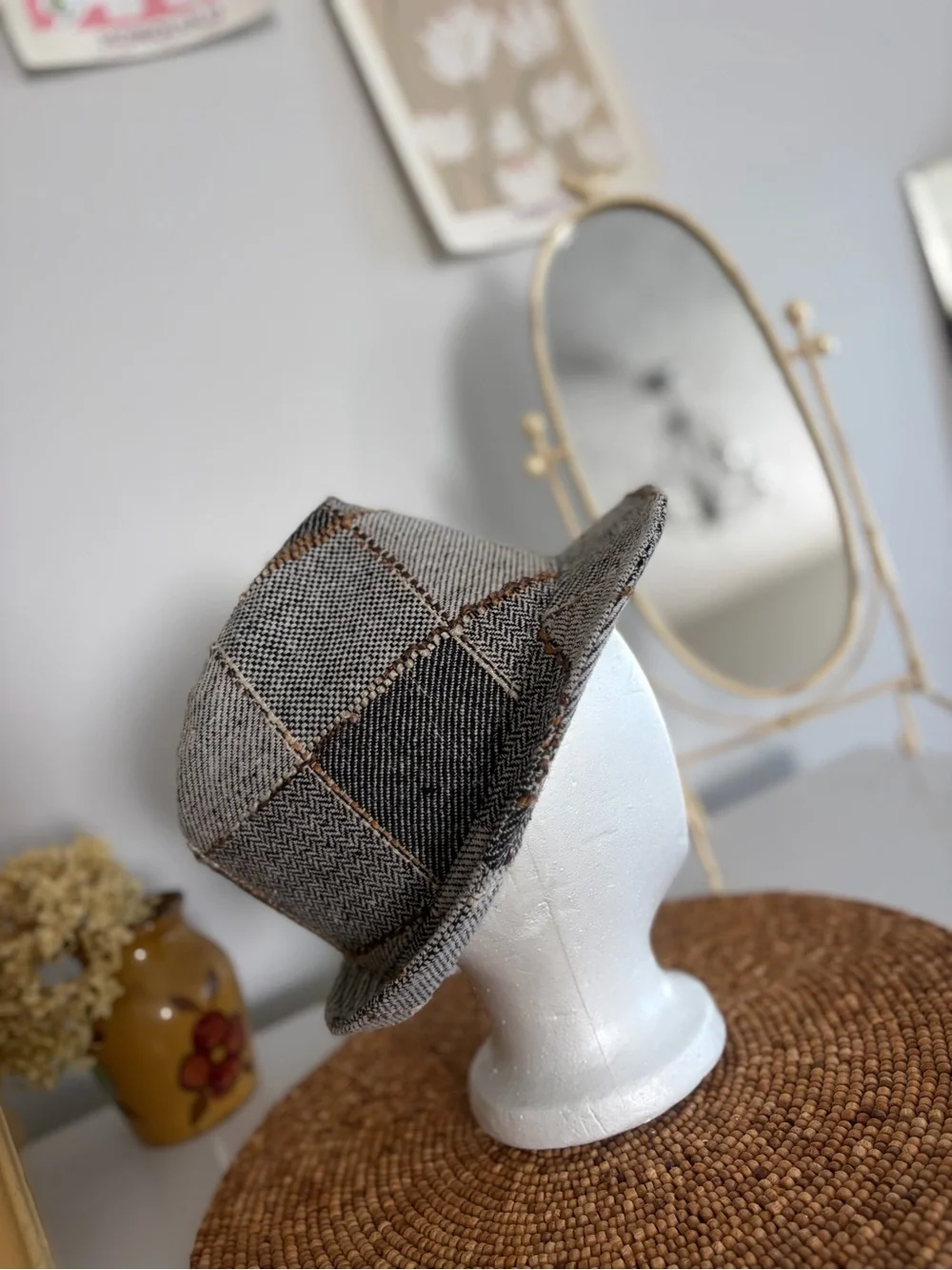 Gray Tweed Fedora Hat with Subtle Brown Stitching